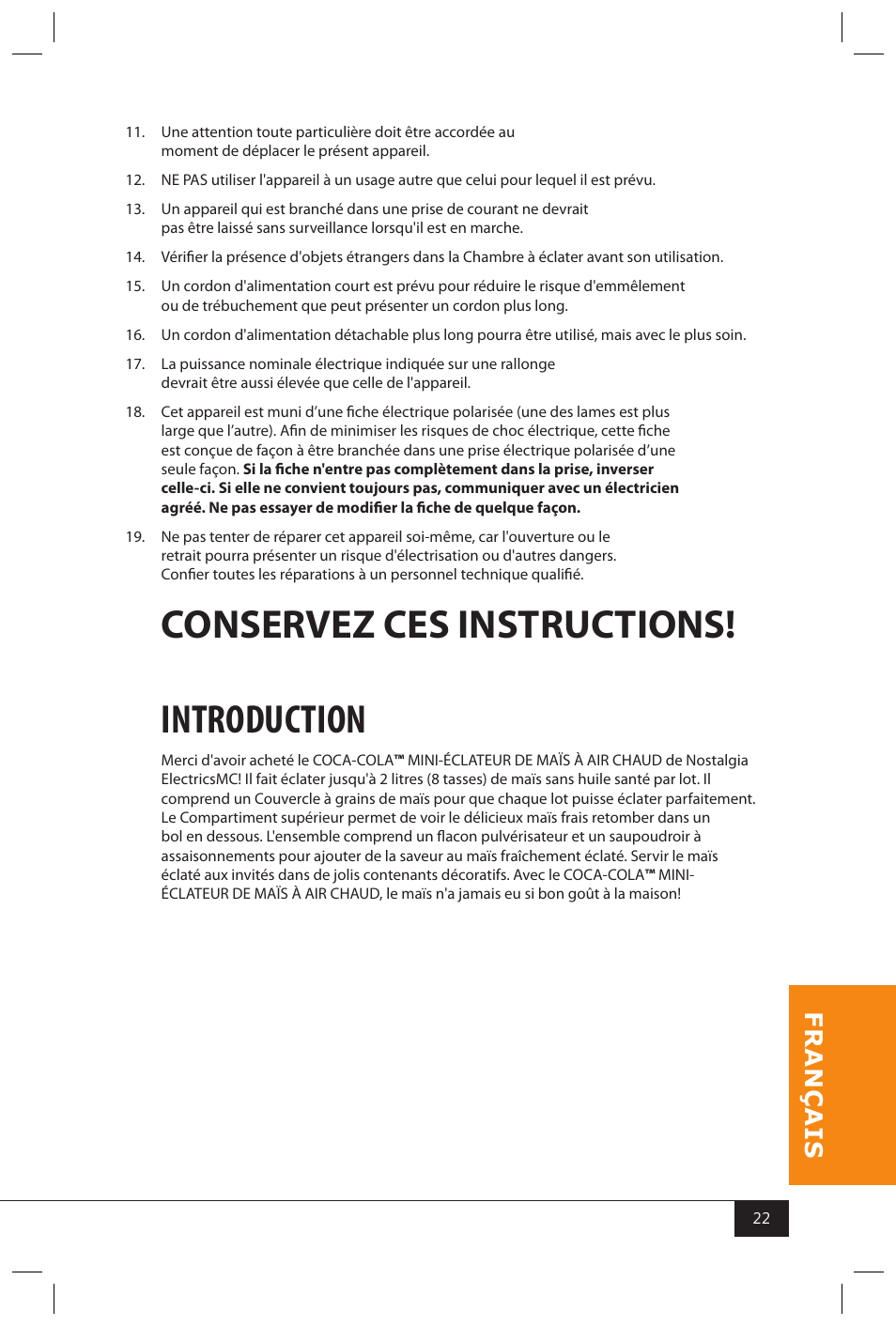 Conservez ces instructions! introduction | Nostalgia Electrics RHP310 COKEKIT User Manual | Page 24 / 31