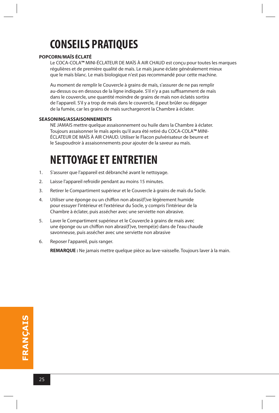 Conseils pratiques, Nettoyage et entretien | Nostalgia Electrics RHP310 COKEKIT User Manual | Page 27 / 31