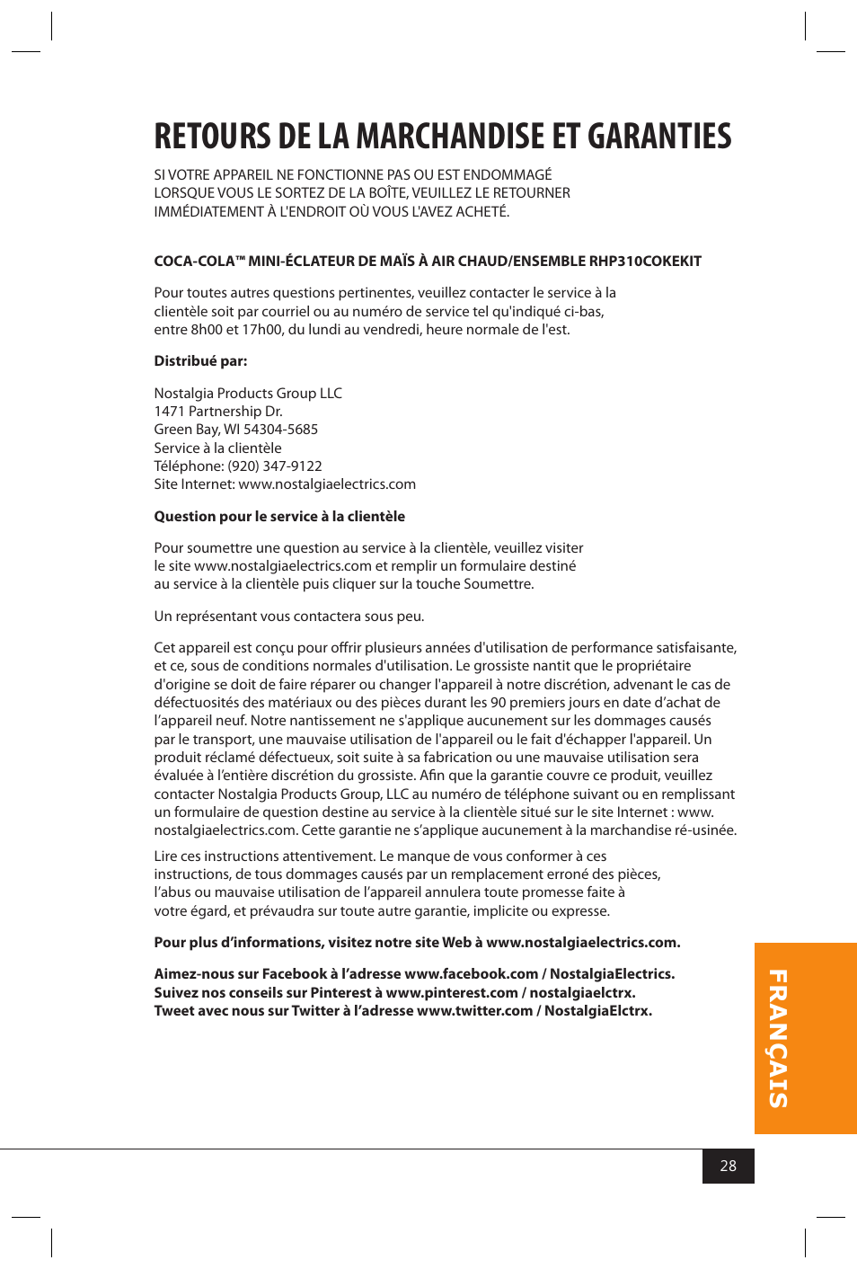 Retours de la marchandise et garanties | Nostalgia Electrics RHP310 COKEKIT User Manual | Page 30 / 31