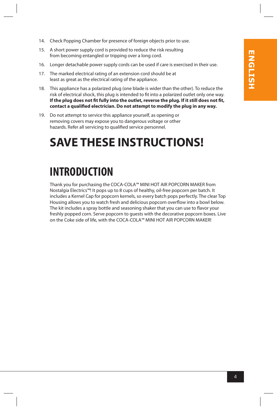 Save these instructions! introduction, En g li s h | Nostalgia Electrics RHP310 COKEKIT User Manual | Page 6 / 31