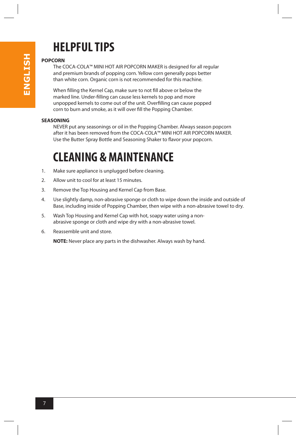 Helpful tips, Cleaning & maintenance, En g li s h | Nostalgia Electrics RHP310 COKEKIT User Manual | Page 9 / 31