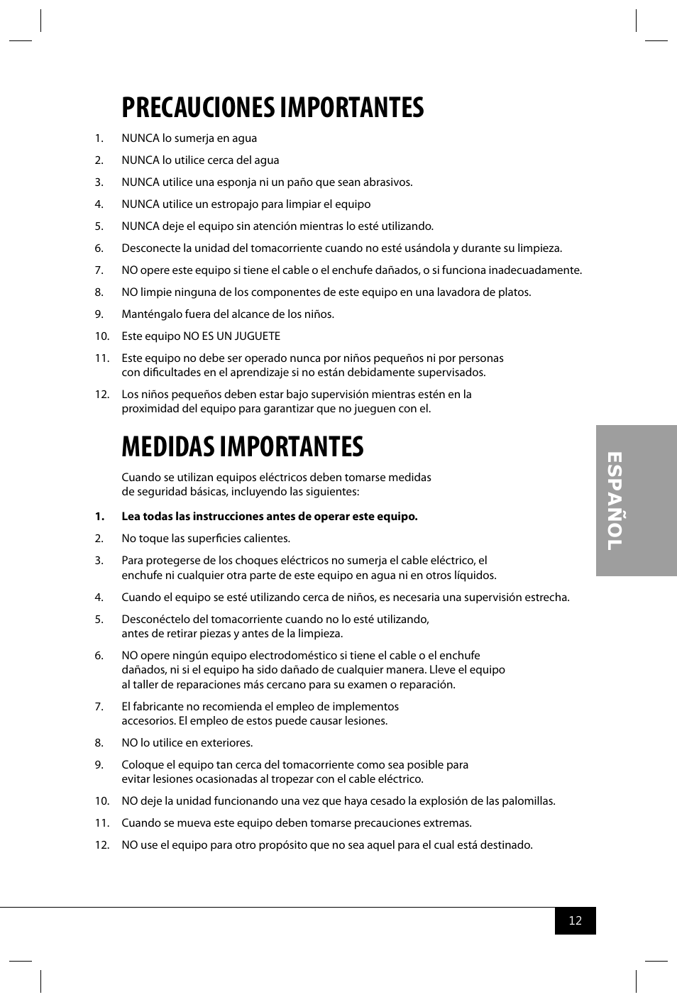 Precauciones importantes, Medidas importantes | Nostalgia Electrics RHP310 COKE User Manual | Page 14 / 32