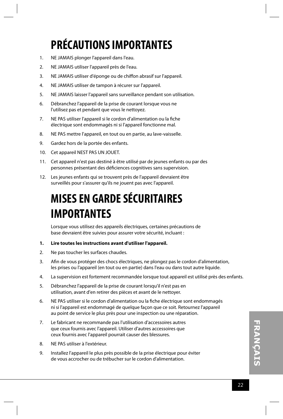 Précautions importantes, Mises en garde sécuritaires importantes | Nostalgia Electrics RHP310 COKE User Manual | Page 24 / 32