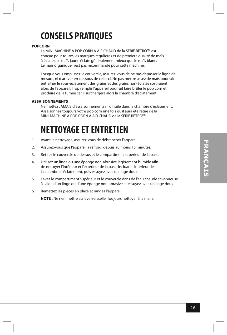 Conseils pratiques, Nettoyage et entretien | Nostalgia Electrics RHP310 User Manual | Page 18 / 32