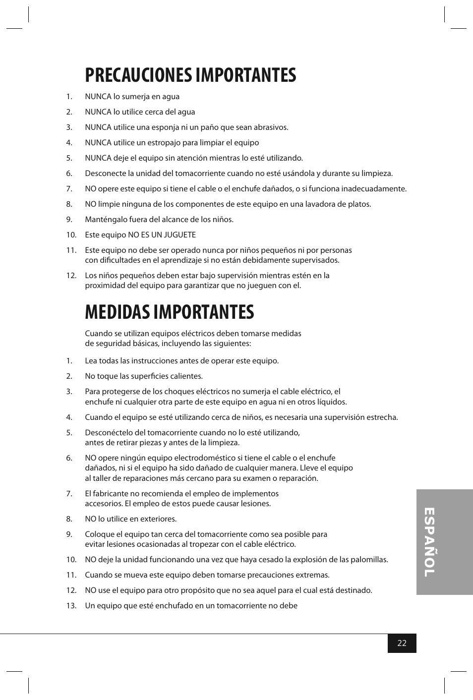 Precauciones importantes, Medidas importantes | Nostalgia Electrics RHP310 User Manual | Page 24 / 32