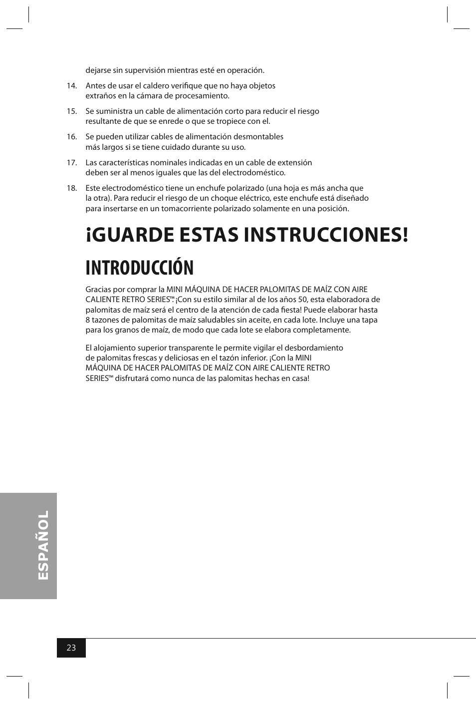 Guarde estas instrucciones! introducción | Nostalgia Electrics RHP310 User Manual | Page 25 / 32