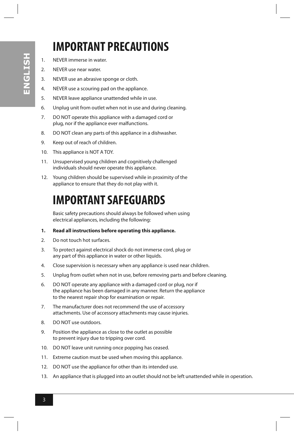 Important precautions, Important safeguards, En g li s h | Nostalgia Electrics RHP310 User Manual | Page 5 / 32