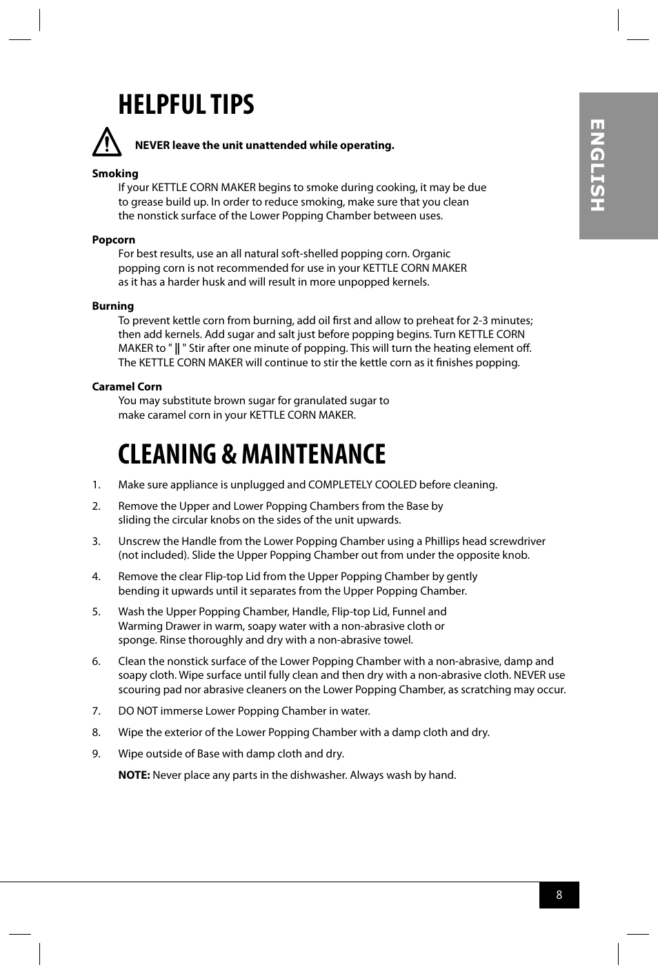 Helpful tips, Cleaning & maintenance, En g li s h | Nostalgia Electrics PKC200 User Manual | Page 10 / 42