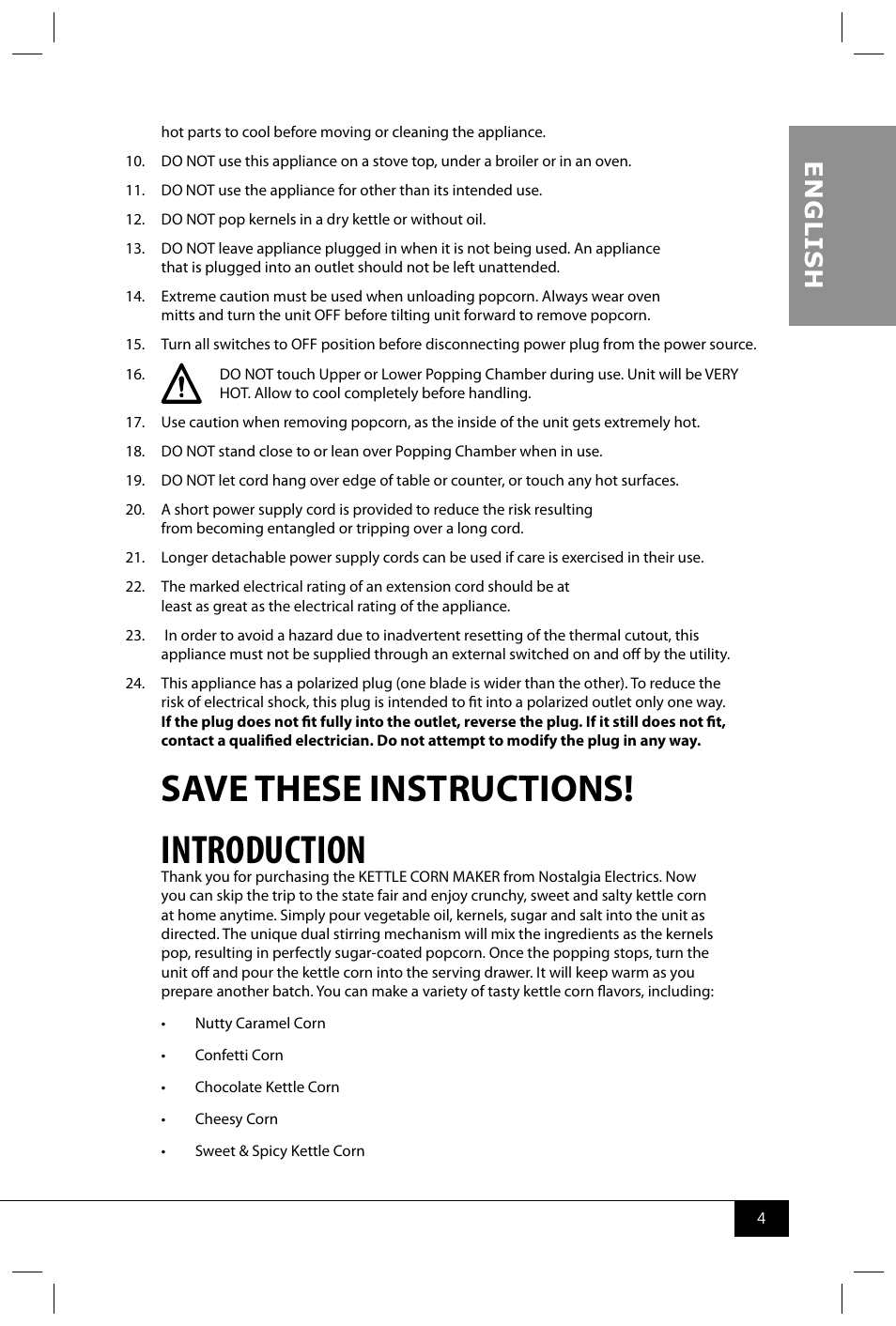 Introduction, Save these instructions, En g li s h | Nostalgia Electrics PKC200 User Manual | Page 6 / 42