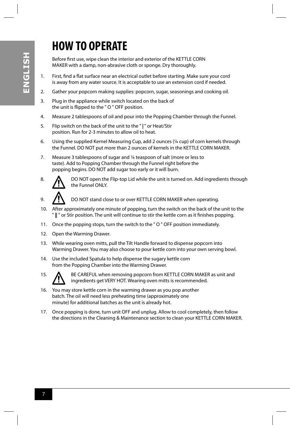 How to operate, En g li s h | Nostalgia Electrics PKC200 User Manual | Page 9 / 42