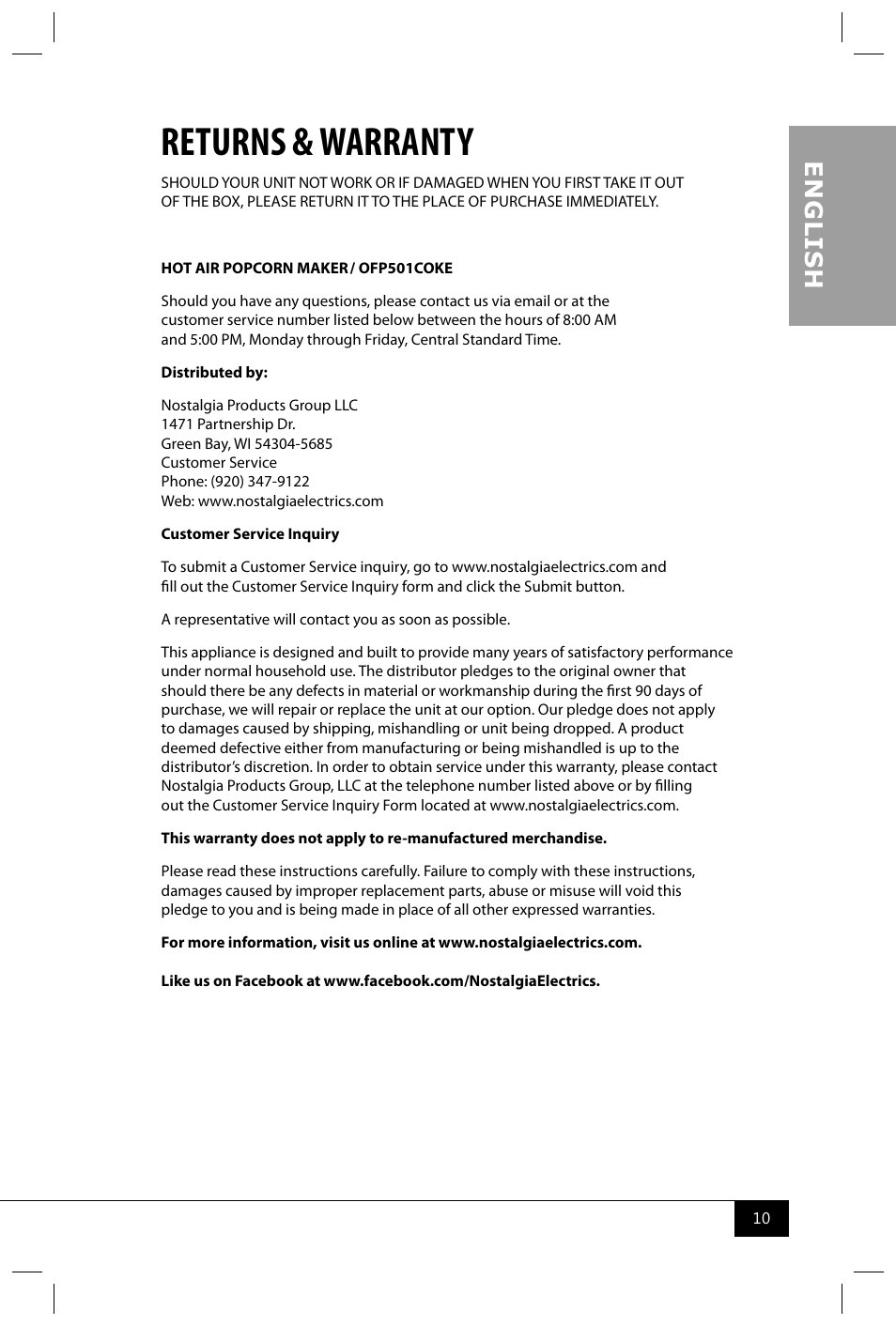 Returns & warranty, En g li s h | Nostalgia Electrics OFP501 COKE User Manual | Page 12 / 32