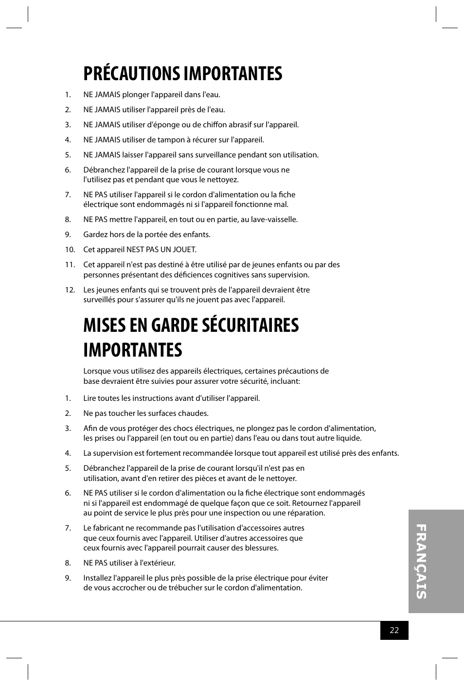 Précautions importantes, Mises en garde sécuritaires importantes | Nostalgia Electrics OFP501 COKE User Manual | Page 24 / 32