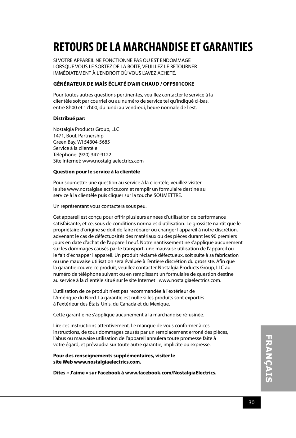 Retours de la marchandise et garanties | Nostalgia Electrics OFP501 COKE User Manual | Page 32 / 32