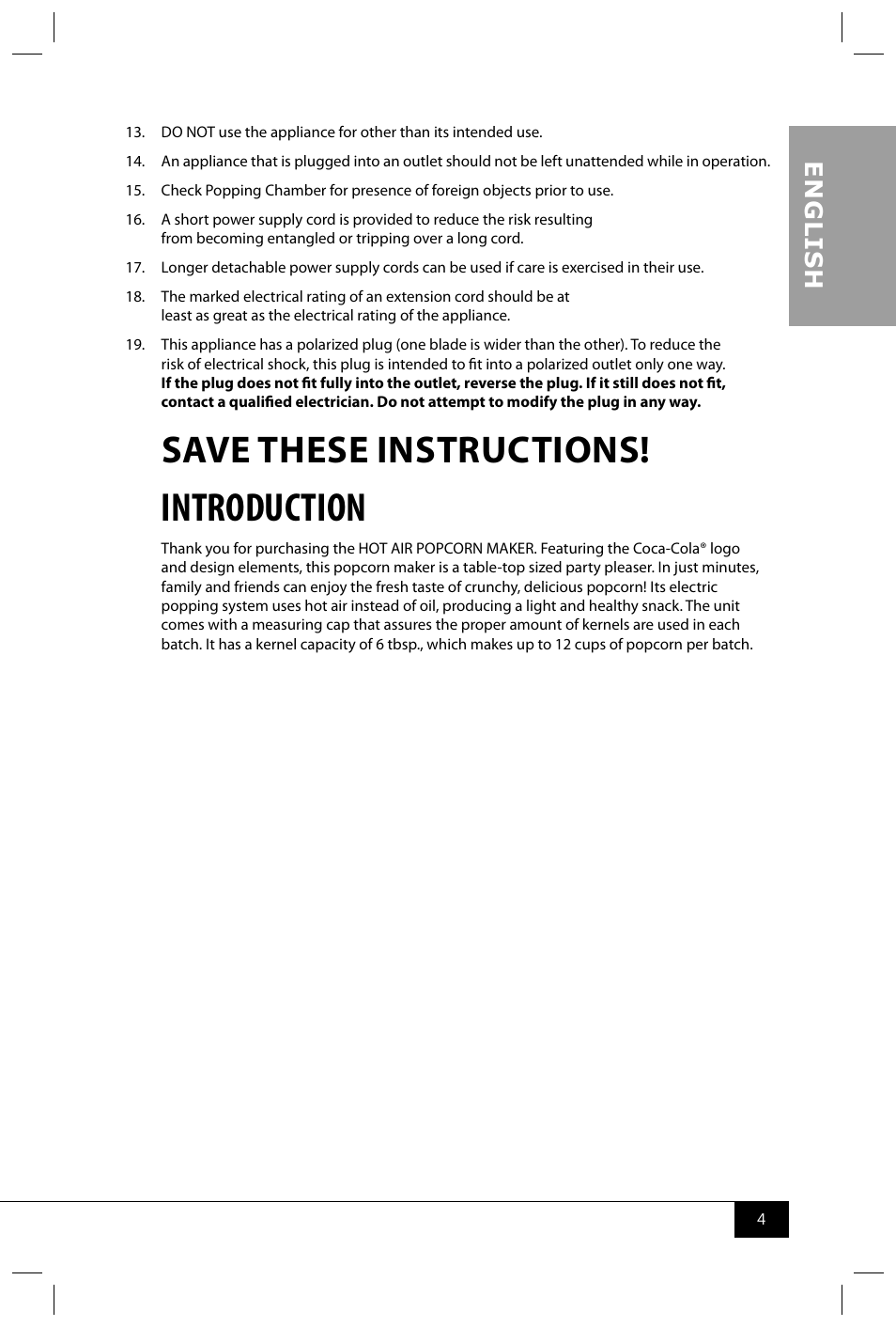 Introduction, Save these instructions, En g li s h | Nostalgia Electrics OFP501 COKE User Manual | Page 6 / 32