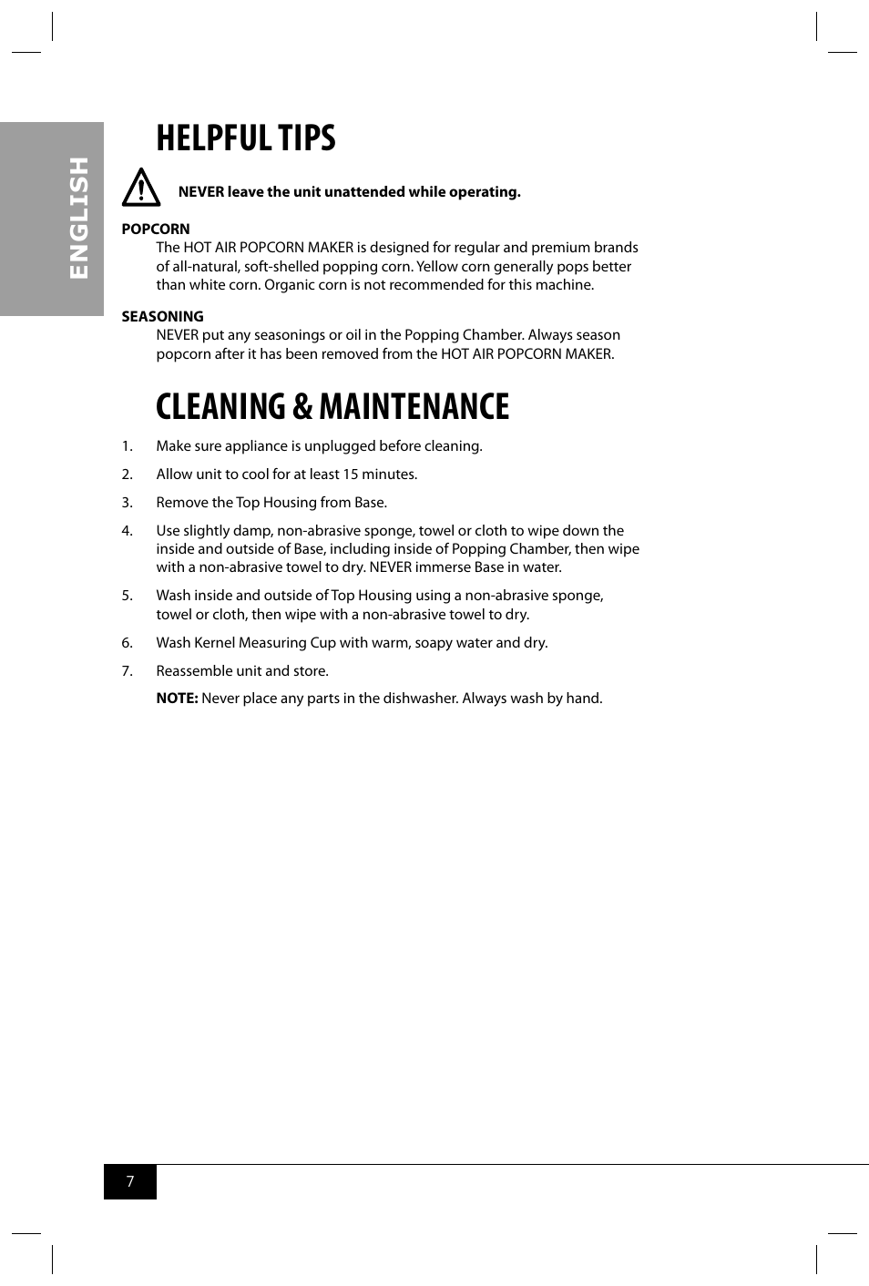 Helpful tips, Cleaning & maintenance, En g li s h | Nostalgia Electrics OFP501 COKE User Manual | Page 9 / 32