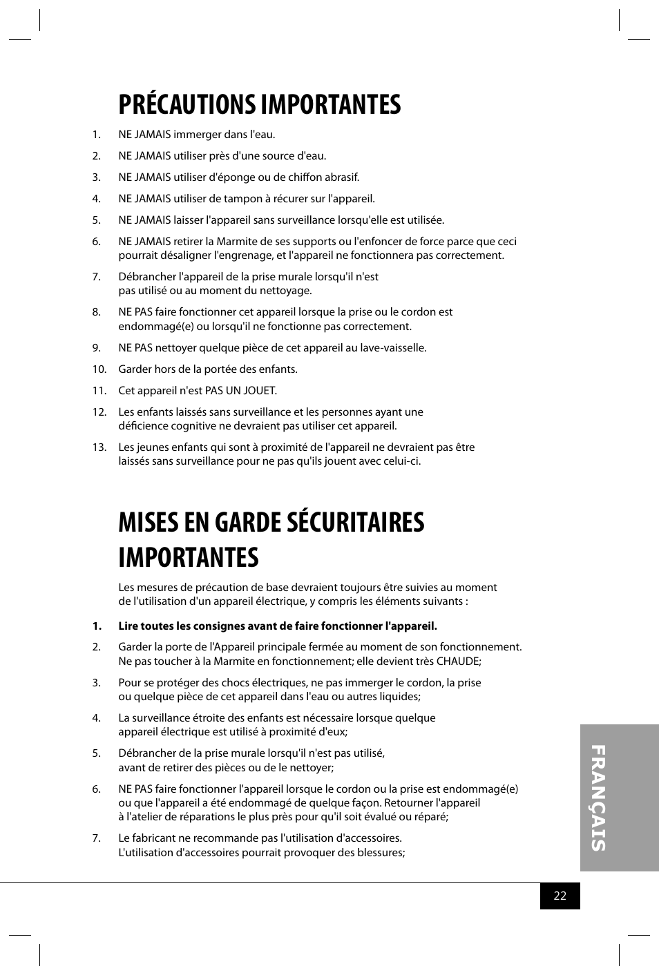 Précautions importantes, Mises en garde sécuritaires importantes | Nostalgia Electrics RKP630 COKE User Manual | Page 24 / 32