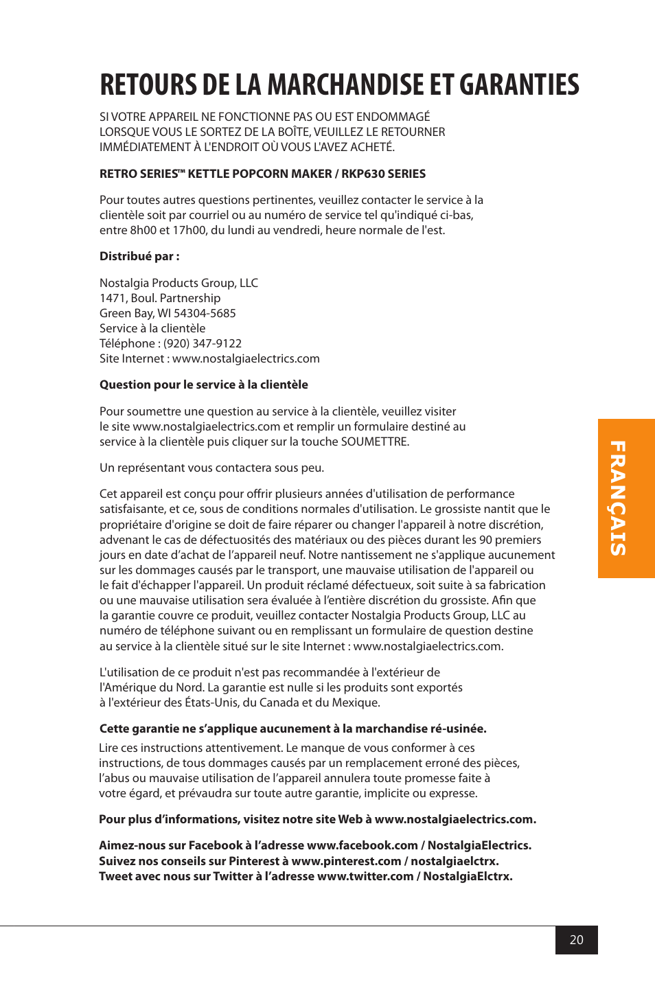 Retours de la marchandise et garanties | Nostalgia Electrics RKP630 SERIES User Manual | Page 22 / 32