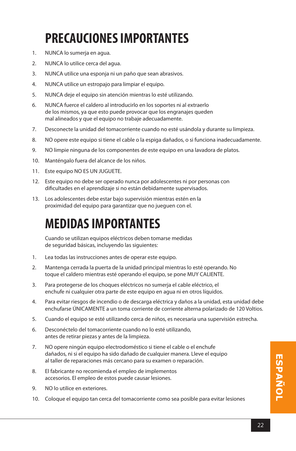 Precauciones importantes, Medidas importantes | Nostalgia Electrics RKP630 SERIES User Manual | Page 24 / 32