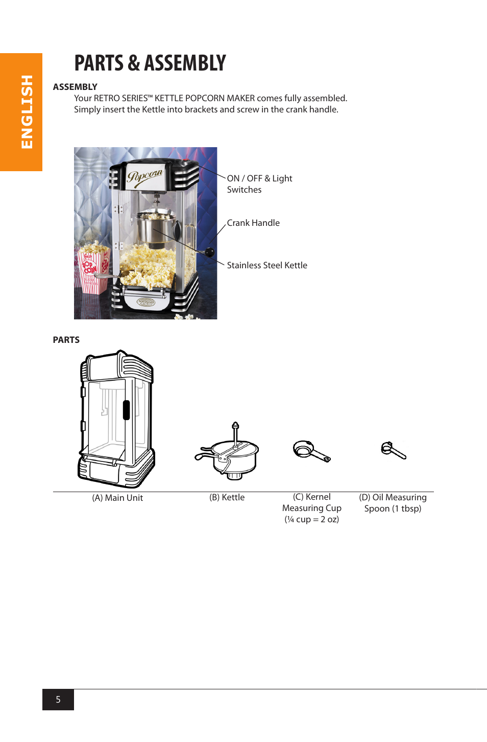 Parts & assembly, En g li s h | Nostalgia Electrics RKP630 SERIES User Manual | Page 7 / 32