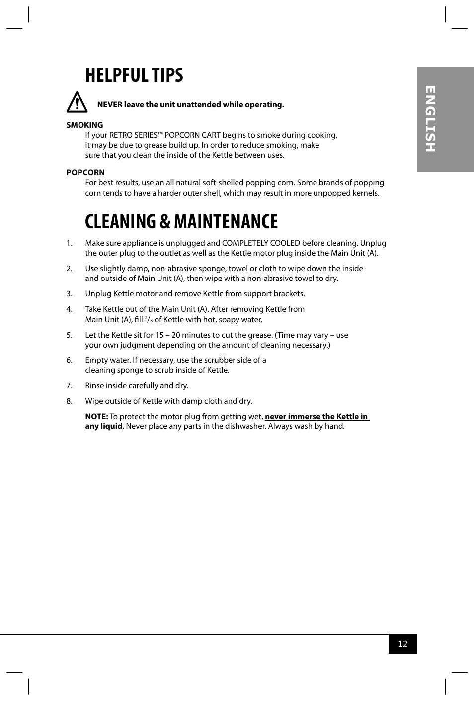 Helpful tips, Cleaning & maintenance, En g li s h | Nostalgia Electrics RKP530 CART User Manual | Page 14 / 18