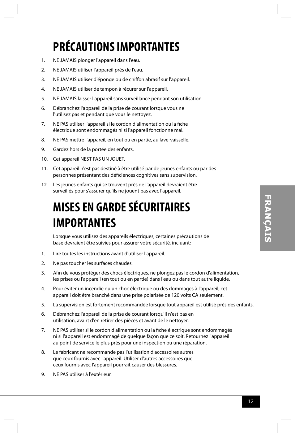 Précautions importantes, Mises en garde sécuritaires importantes | Nostalgia Electrics RHP625 SERIES User Manual | Page 14 / 32