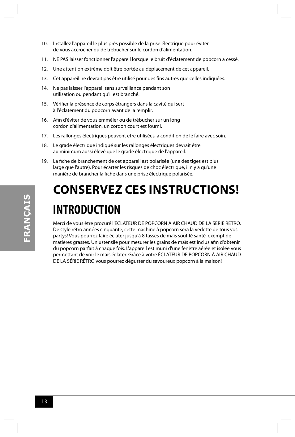 Introduction, Conservez ces instructions | Nostalgia Electrics RHP625 SERIES User Manual | Page 15 / 32