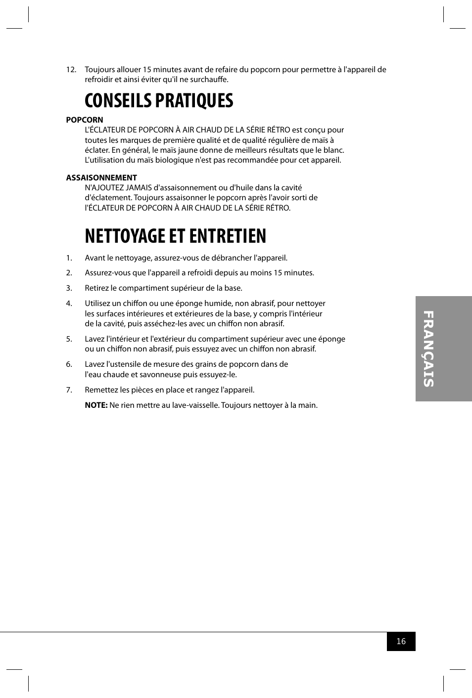 Conseils pratiques, Nettoyage et entretien | Nostalgia Electrics RHP625 SERIES User Manual | Page 18 / 32