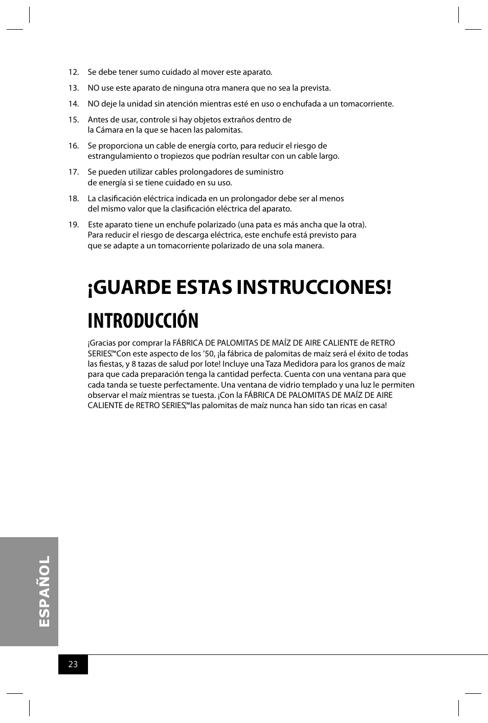 Introducción, Guarde estas instrucciones | Nostalgia Electrics RHP625 SERIES User Manual | Page 25 / 32