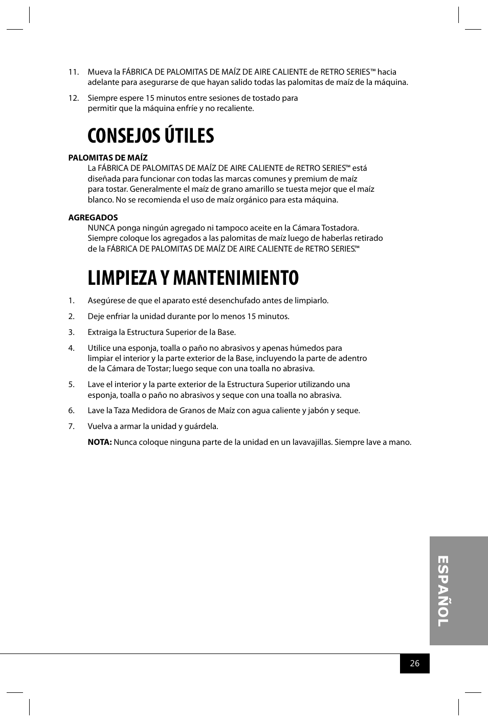 Consejos útiles, Limpieza y mantenimiento | Nostalgia Electrics RHP625 SERIES User Manual | Page 28 / 32