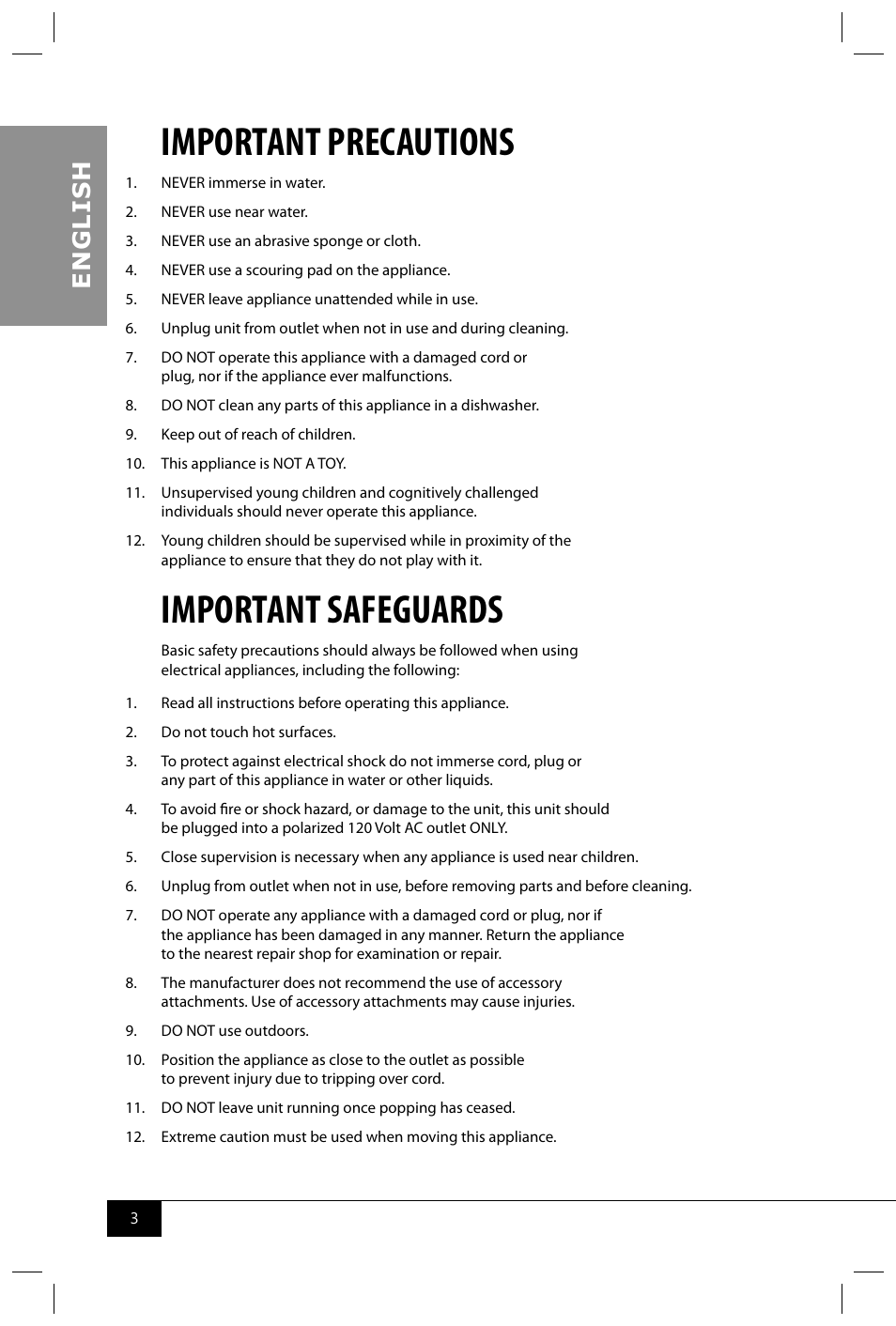 Important precautions, Important safeguards, En g li s h | Nostalgia Electrics RHP625 SERIES User Manual | Page 5 / 32