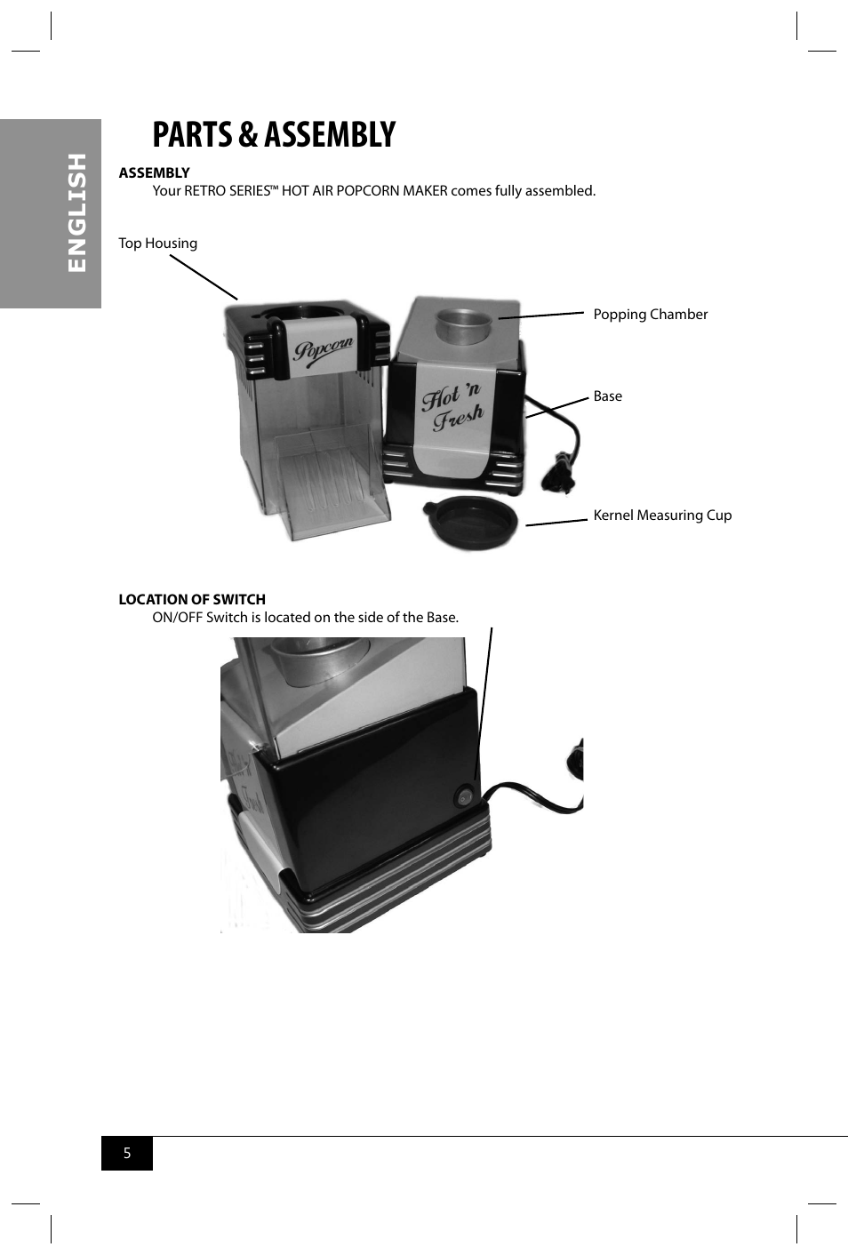 Parts & assembly, En g li s h | Nostalgia Electrics RHP625 SERIES User Manual | Page 7 / 32