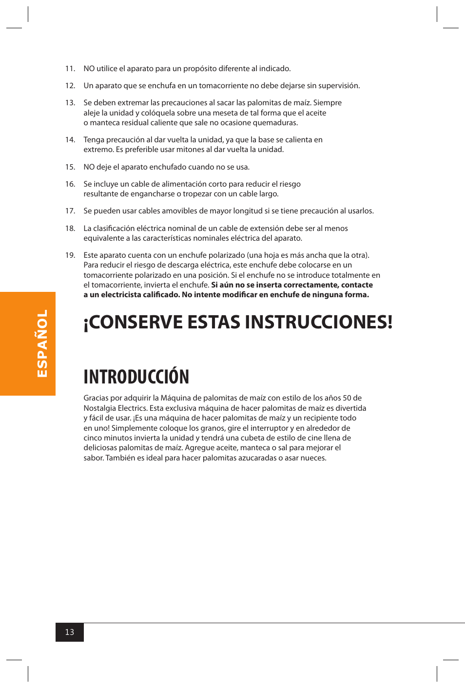 Introducción, Conserve estas instrucciones | Nostalgia Electrics SP300 RETRO RED User Manual | Page 15 / 30