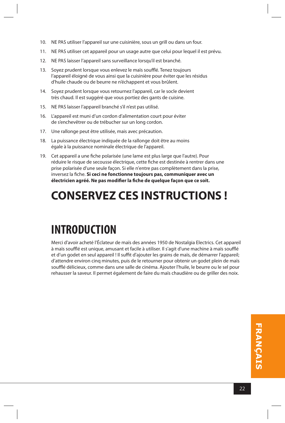 Introduction, Conservez ces instructions | Nostalgia Electrics SP300 RETRO RED User Manual | Page 24 / 30