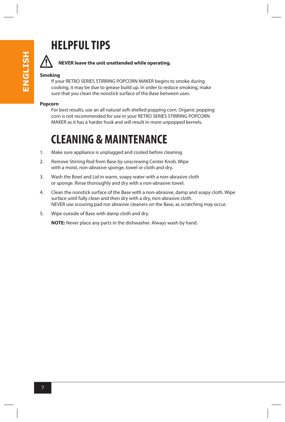 Helpful tips, Cleaning & maintenance, En g li s h | Nostalgia Electrics SP300 RETRO RED User Manual | Page 9 / 30