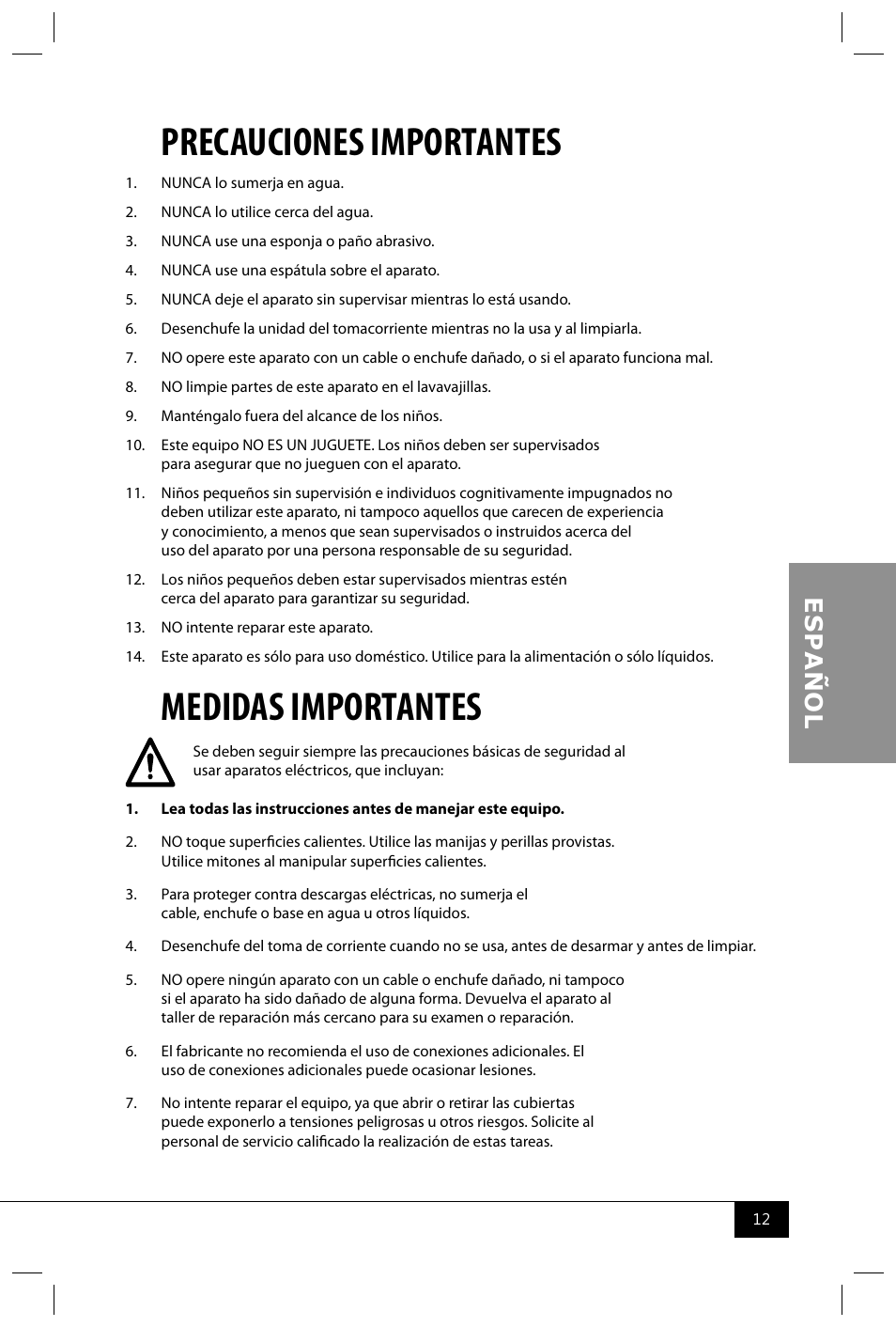Precauciones importantes, Medidas importantes | Nostalgia Electrics TPM100 REDBLK User Manual | Page 14 / 30