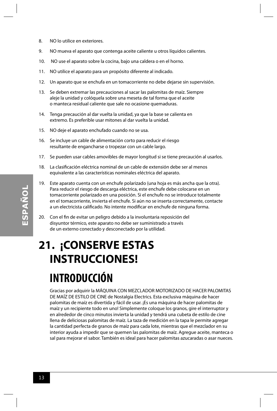 Introducción, ¡conserve estas instrucciones | Nostalgia Electrics TPM100 REDBLK User Manual | Page 15 / 30