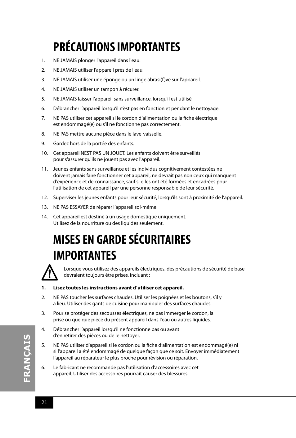 Précautions importantes, Mises en garde sécuritaires importantes | Nostalgia Electrics TPM100 REDBLK User Manual | Page 23 / 30