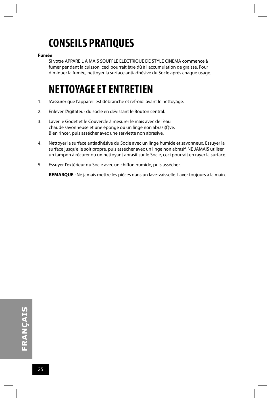 Conseils pratiques, Nettoyage et entretien | Nostalgia Electrics TPM100 REDBLK User Manual | Page 27 / 30