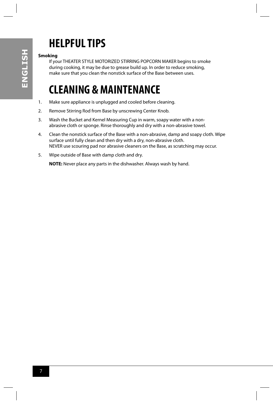 Helpful tips, Cleaning & maintenance, En g li s h | Nostalgia Electrics TPM100 REDBLK User Manual | Page 9 / 30