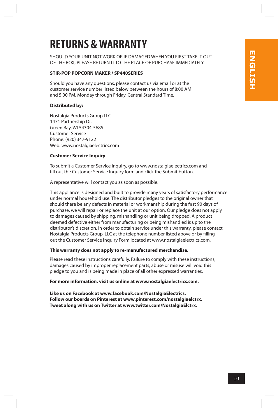Returns & warranty, En g li s h | Nostalgia Electrics SP440 SERIES User Manual | Page 12 / 30