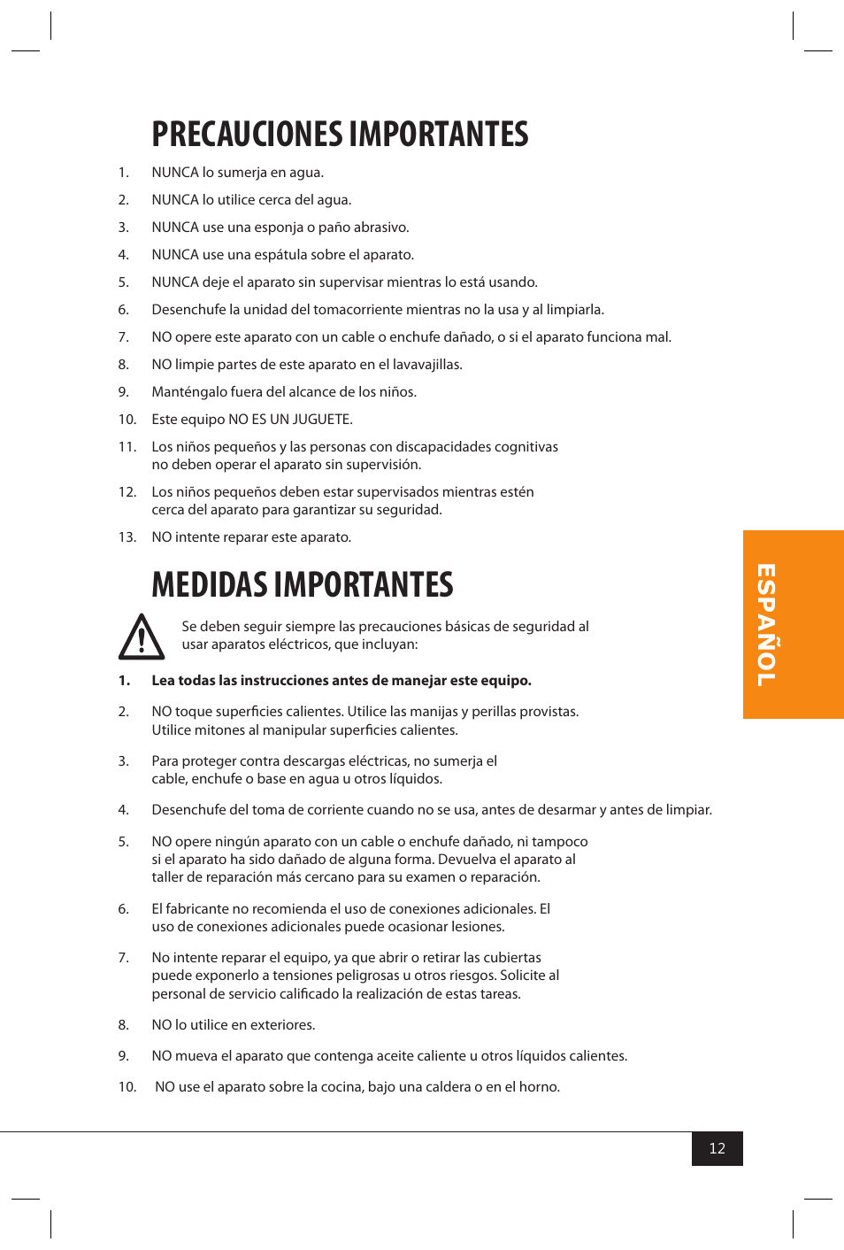 Precauciones importantes, Medidas importantes | Nostalgia Electrics SP440 SERIES User Manual | Page 14 / 30