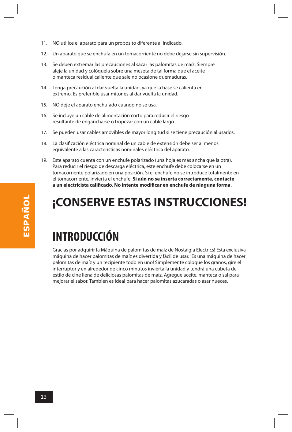 Introducción, Conserve estas instrucciones | Nostalgia Electrics SP440 SERIES User Manual | Page 15 / 30