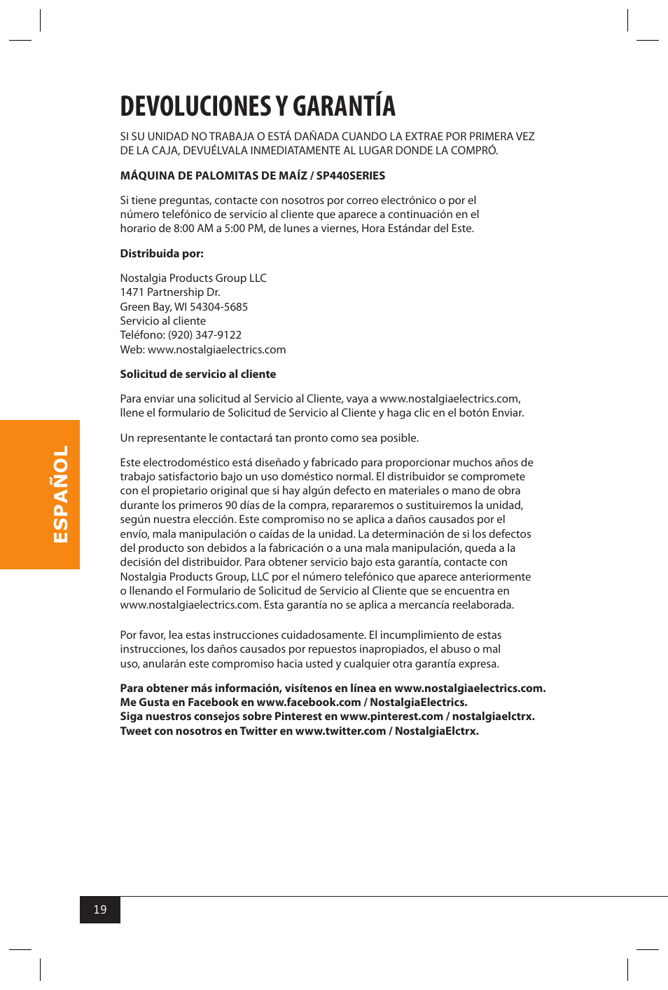 Devoluciones y garantía | Nostalgia Electrics SP440 SERIES User Manual | Page 21 / 30