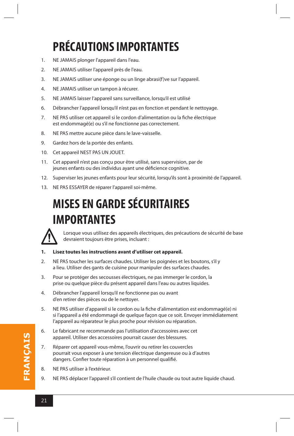 Précautions importantes, Mises en garde sécuritaires importantes | Nostalgia Electrics SP440 SERIES User Manual | Page 23 / 30