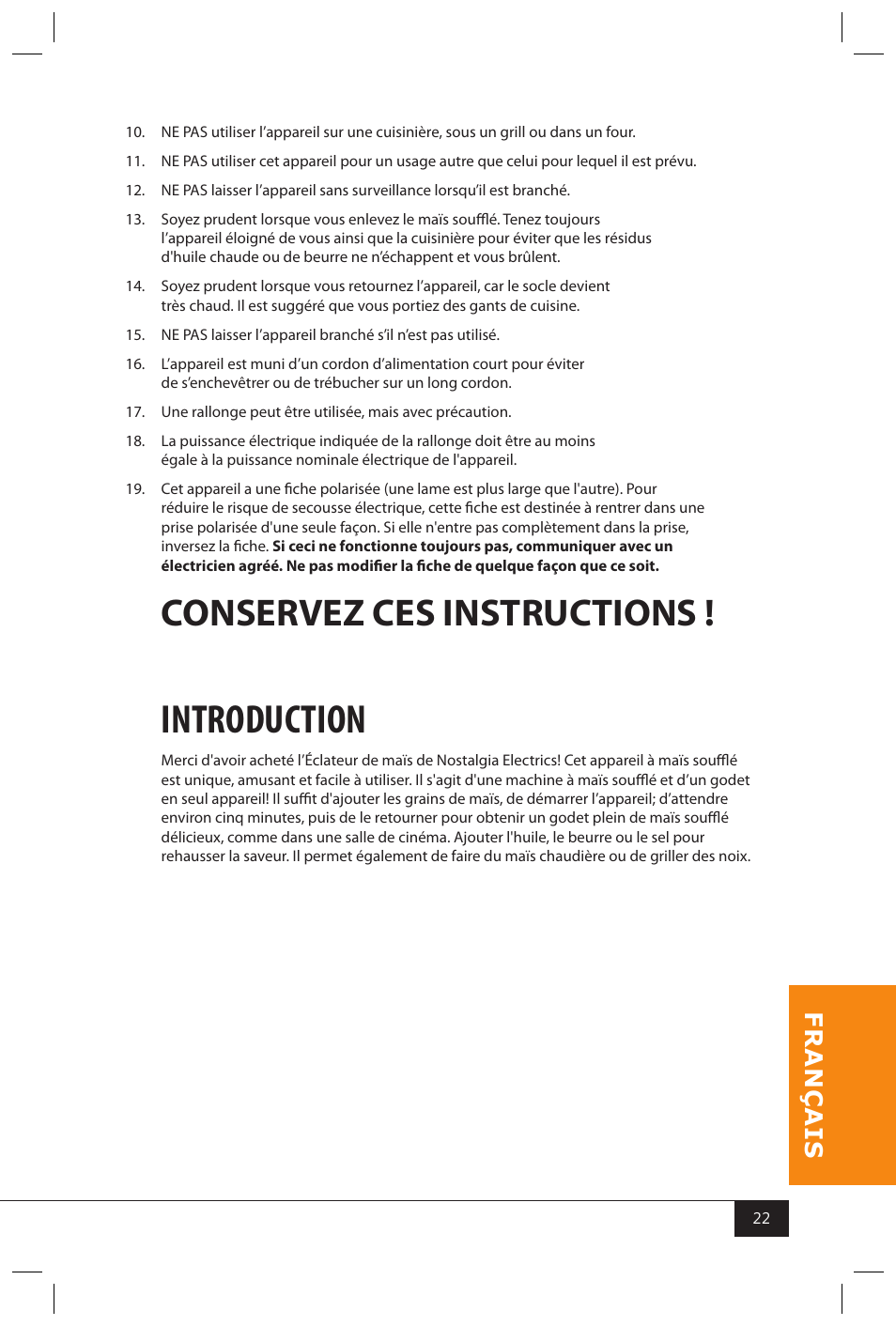 Introduction, Conservez ces instructions | Nostalgia Electrics SP440 SERIES User Manual | Page 24 / 30