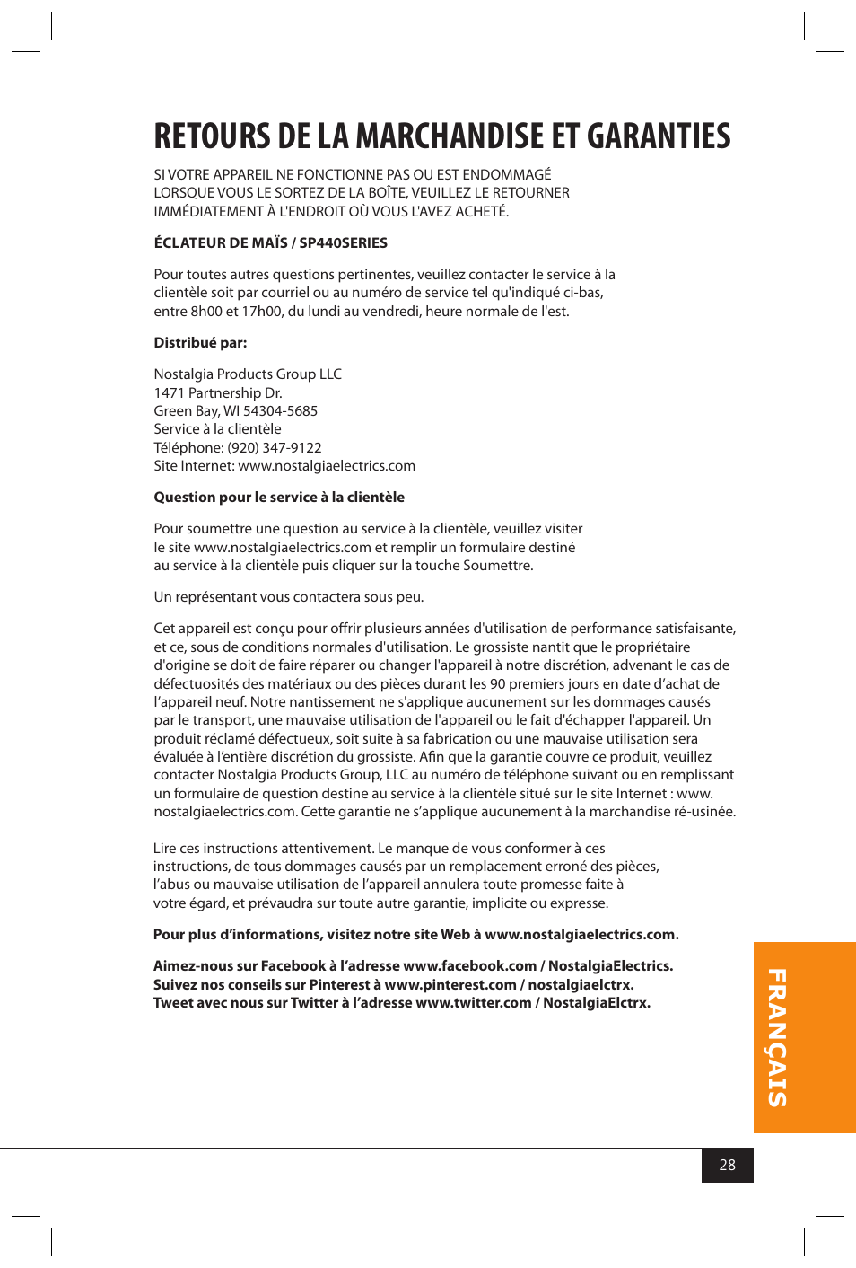 Retours de la marchandise et garanties | Nostalgia Electrics SP440 SERIES User Manual | Page 30 / 30