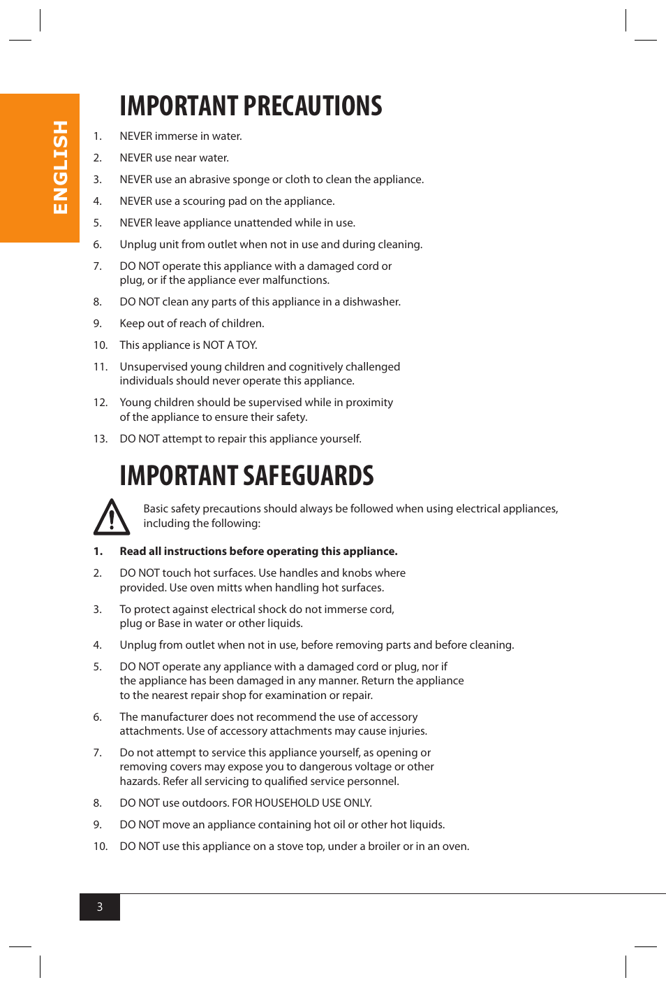 Important precautions, Important safeguards, En g li s h | Nostalgia Electrics SP440 SERIES User Manual | Page 5 / 30