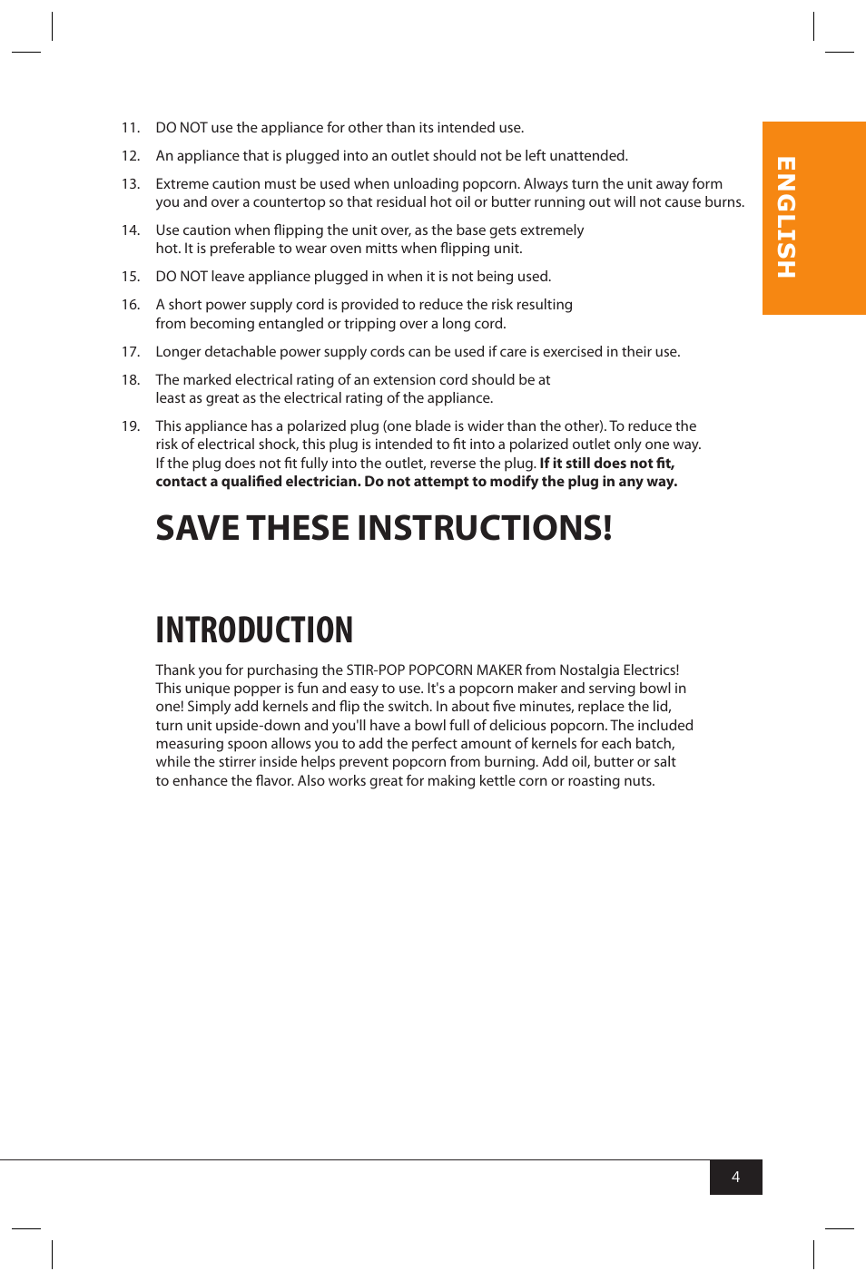 Introduction, Save these instructions, En g li s h | Nostalgia Electrics SP440 SERIES User Manual | Page 6 / 30