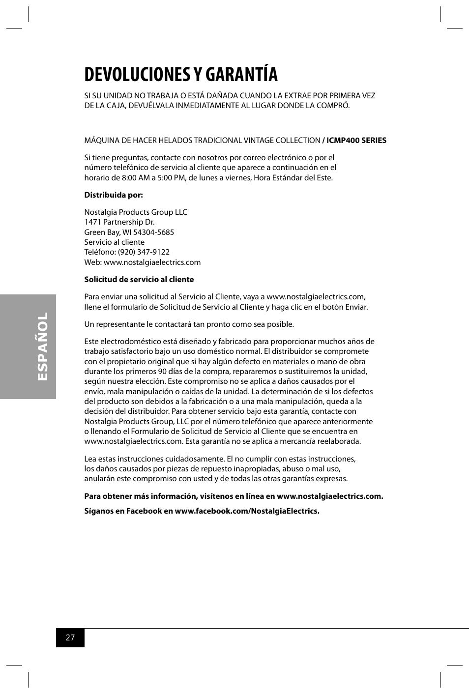 Devoluciones y garantía | Nostalgia Electrics ICMP400 SERIES User Manual | Page 29 / 42