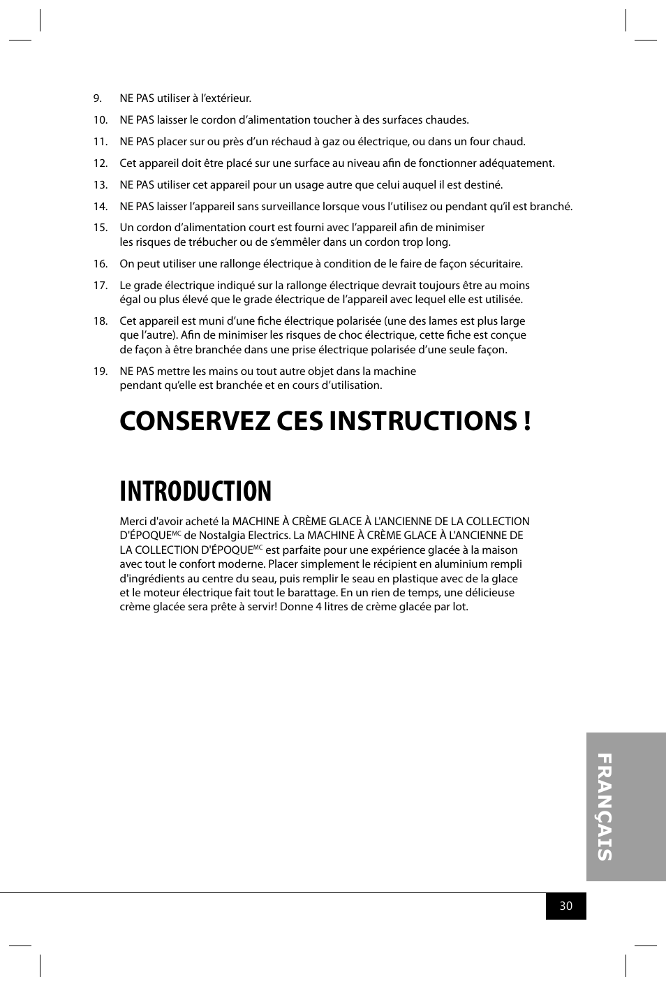 Introduction, Conservez ces instructions | Nostalgia Electrics ICMP400 SERIES User Manual | Page 32 / 42